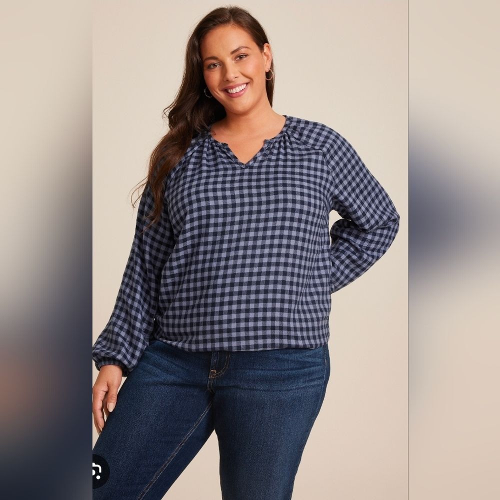 Maurices Gingham Notched Neck Flannel Top Plus Size 2X